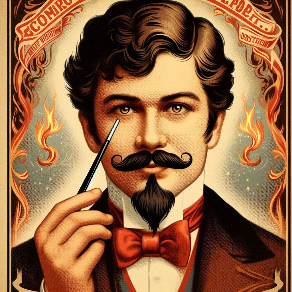 A.I.l generated image from the prompt “create a poster for an 1800s stage magician. The magician needs a goatee.” The result is a stereotypical "suave devil" stage magician--and happens to be a nearly spot-on portrait of 19th C Jewish magician Alexander Herrmann