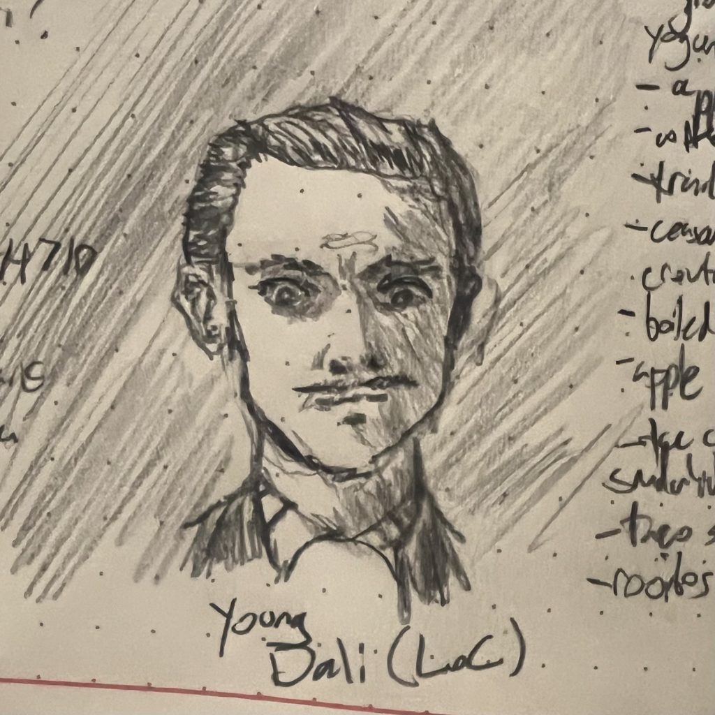 Pencil sketch of a young Salvador Dali with slicked-back hair, a pencil mustache, and patented Dali Crazy-Eyes (tm) 