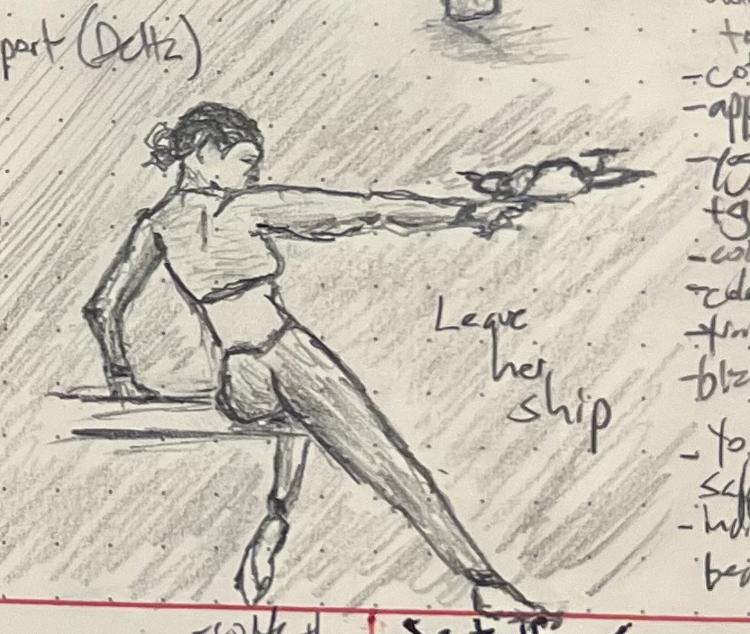 A pencil sketch of a space captain aiming her blaster off screen to the right. Leave her ship!