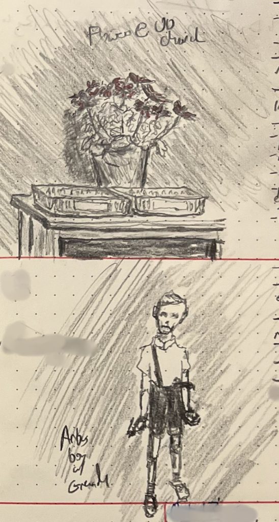 A pair of pencil sketches on a single piece of paper. Top sketch is of some red daisies in a pot on a small table. In front of the flowers are two low, rectangular plastic baskets.

The lower sketch is a skinny little by in a rigid, grotesque posture holding a toy grenade. It is clearly based on the Diane Arbus black-and-white photograph "Child with Toy Hand Grenade in Central Park, N.Y.C. 1962"