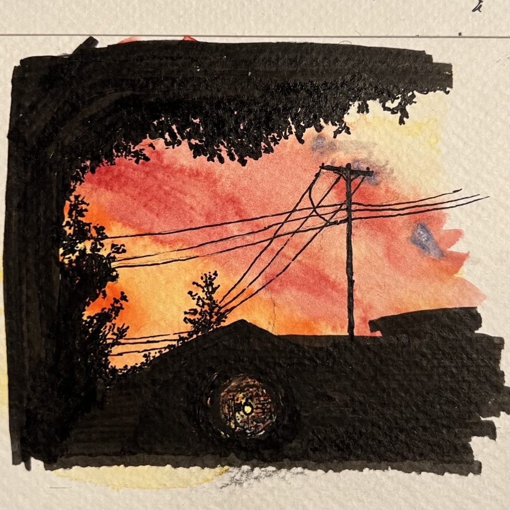 A watercolor painting depicting a silhouette of a house and power lines against a vibrant sunset sky. The sky features shades of red, orange, and yellow, with trees partly framing the scene.