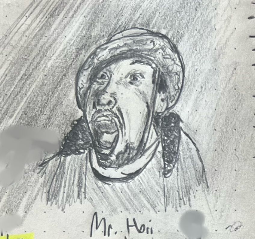 A pencil sketch of a terrified Japanese man, Mr. Hori from the horror film "Noroi: The Curse"