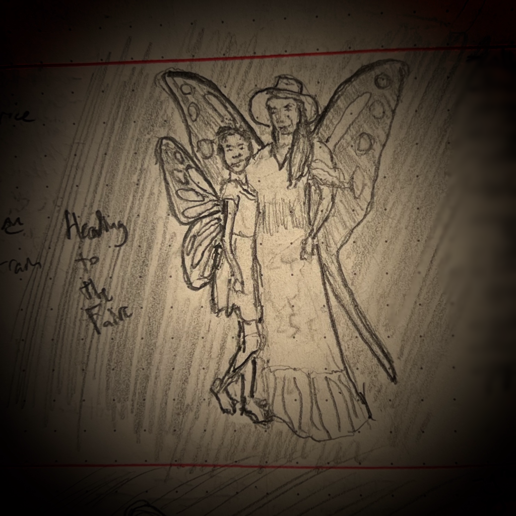 A pencil sketch of a woman and a girl standing together, both depicted with butterfly wings. The girl has a flower crown and the woman wears a wide-brimmed hat. A note next to them says "Heading to the Faire."