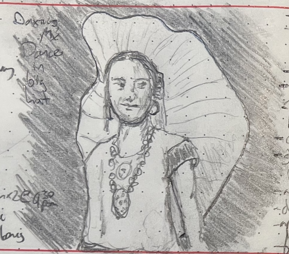 A pencil sketch of a young woman wearing a large hat and necklace. She is a dancer from Oaxaca, Mexico.