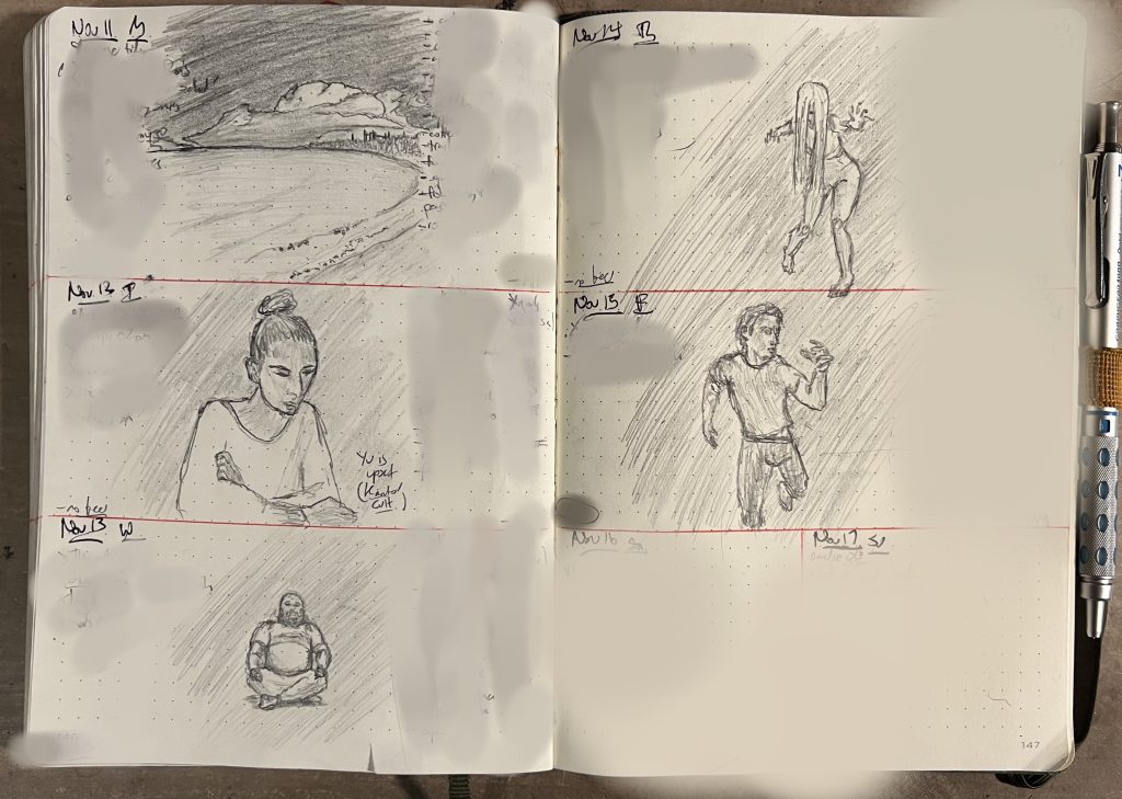 A sketchbook spread with five sketches: a lake-side landscape with heaped cumulus clouds, an upset young woman sitting with her arms crossed, a meditating fat man, a lurching j-horror zombie-like ghoul woman, and a fleeing man looking over his shoulder.