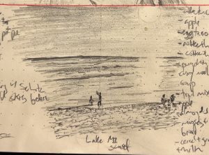 A pencil sketch of a beach scene at sunset. Small figures are visible in the foreground. 