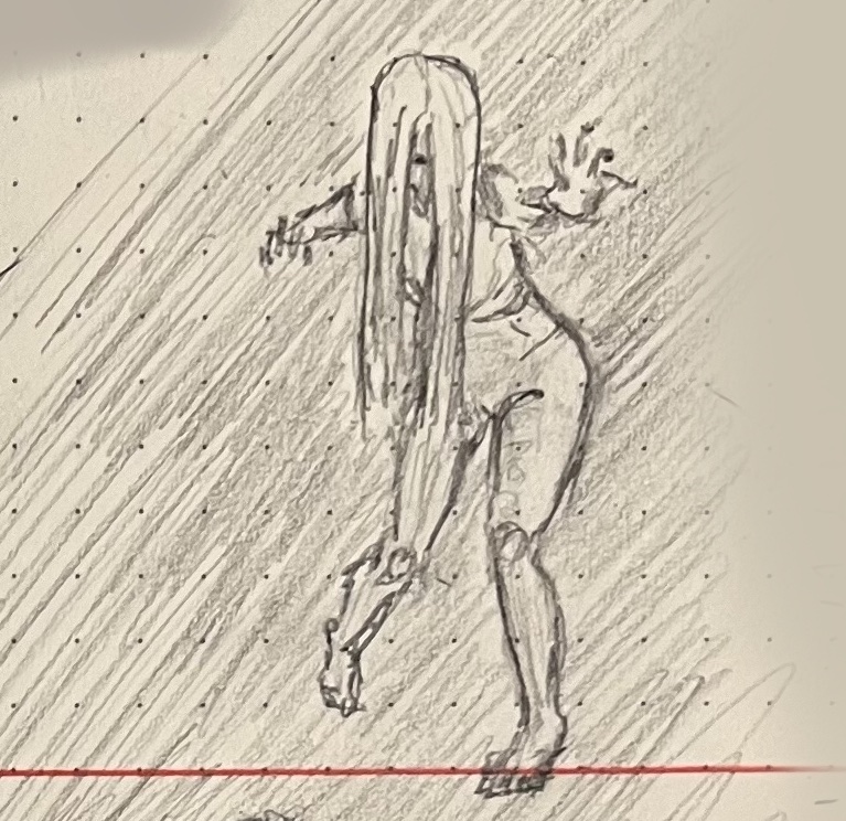 A pencil sketch of a j-horror-style female figure lurching toward teh viewer, long, stringy hair obscuring her face.