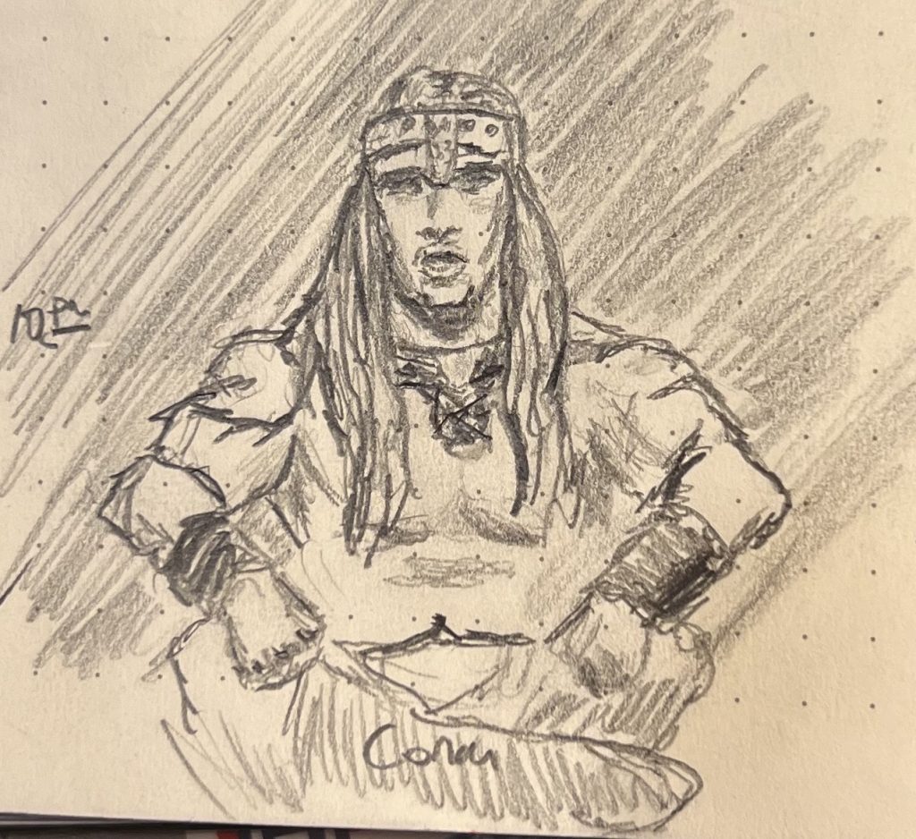 A pencil sketch of Conan the Barbarian, based on a still from the 1982 film