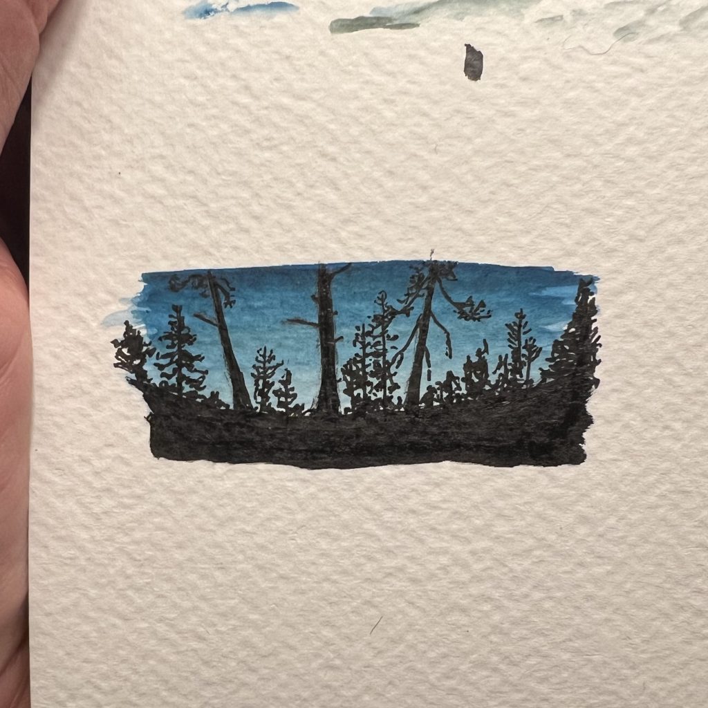small watercolor sketch of the evening view from outside a yurt in New Mexico near Santa Fe