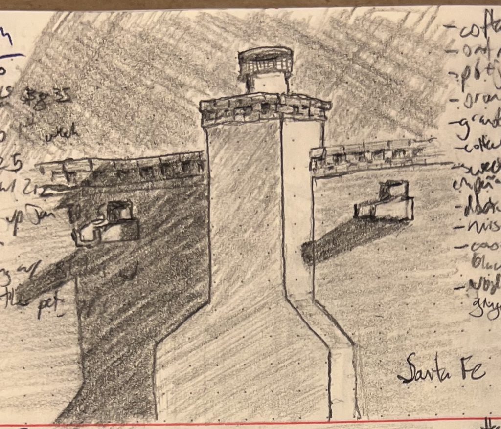 Pencil sketch of the chimney and side of an adobe building in Santa Fe with stark shadows.