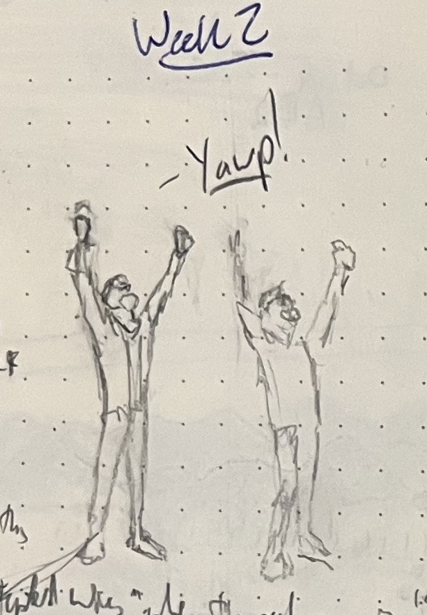 A pencil sketch of a little man loosing a barbaric "yawp!"