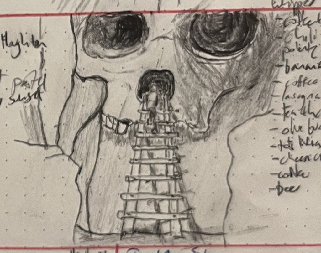 A pencil sketch of a little girl climbing a rough-hewn wooden ladder into the nose-opening of a skull house cliff dwelling.