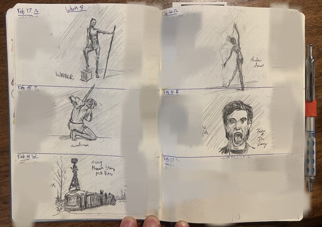An open spread in my journal showing a week's worth of pencil sketches. These are a strong female warrior holding a staff and with one foot set on a box (Monday's sketch), a crouching swordsman ready to strike (Tuesday's sketch), the snowy ruins of the Ahmeek Stamp Mill in Michigan's far northern Keweenaw Peninsula (Wednesday), a ballet dancer arched back to just touch a wall, subtly mirrored by her pale shadow (Thursday), and a terrified and terrifying attempt to capture Jim Carrey mugging for the camera (Friday)
