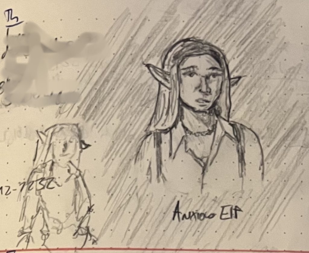 Pencil sketch of an anxious lady elf. 