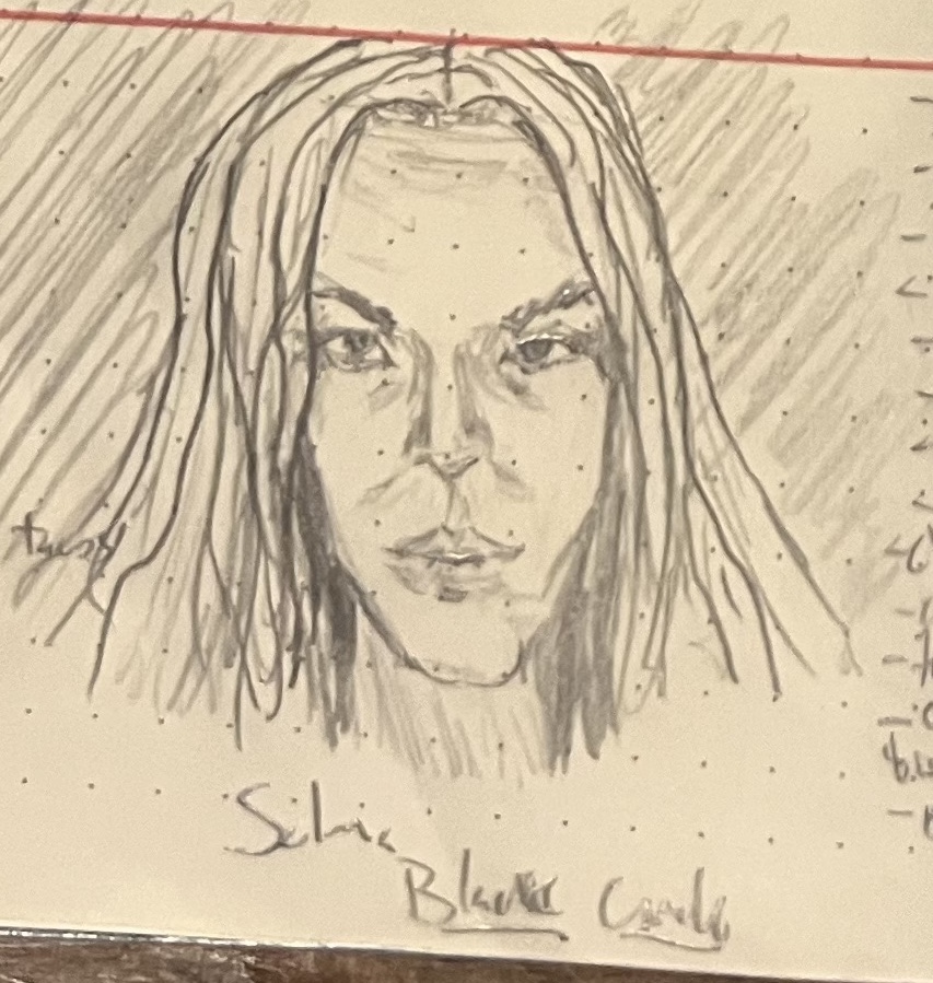 a pencil sketch of a furious, yet determined, psychic (Selma from the film BLACK CIRCLE)