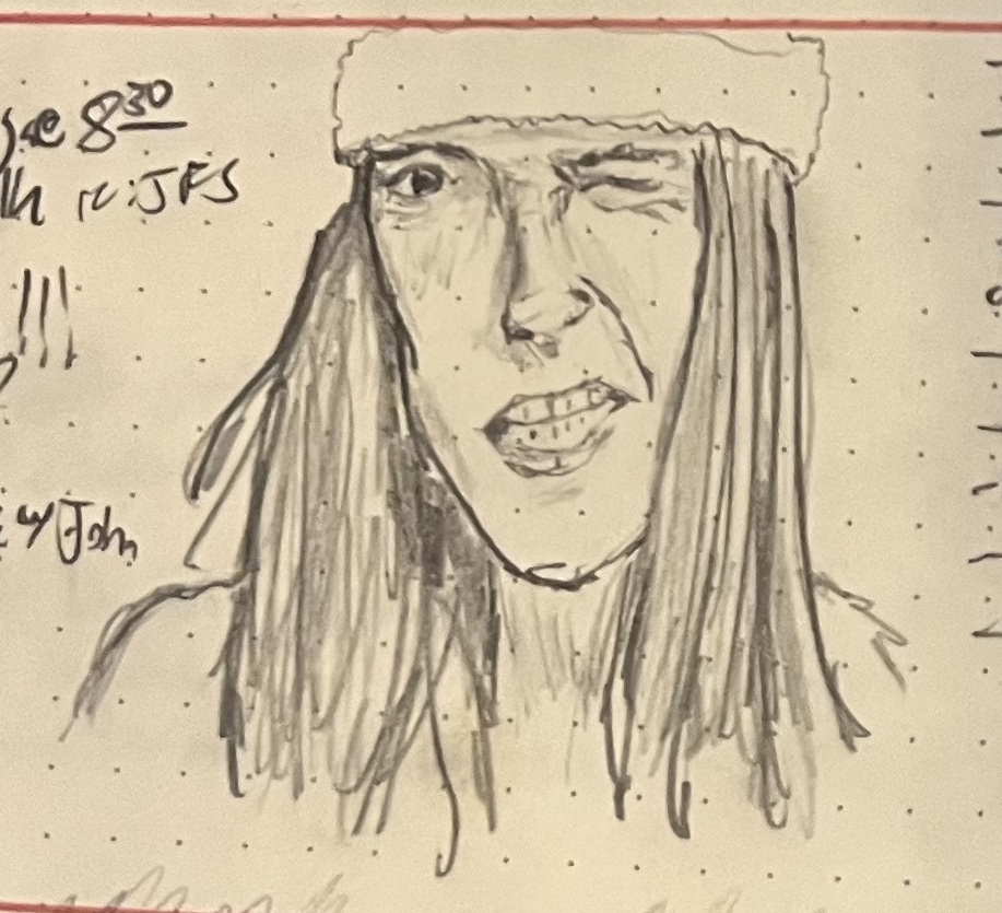 Pencil sketch of a sneering young man.
