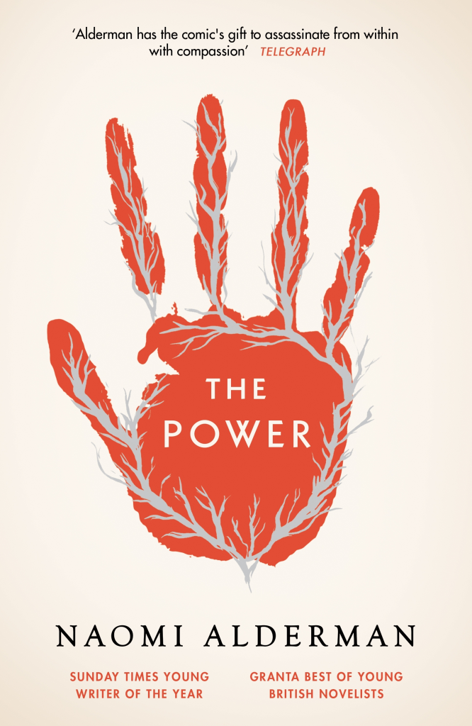 Cover are for the near-future scifi dystopia novel THE POWER by Naomi Alderman shows red hand print overlayed with a winding root-like/lightning-0like pattern in grey.