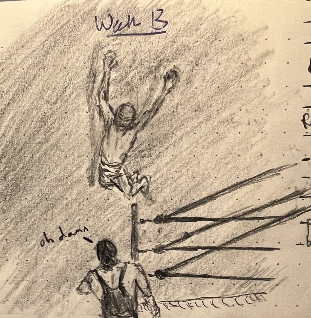 A luchador ("Mexican wrestler") leaping from the ropes to smash down upon his opponent outside the ring. That opponent gazes back up at his imminent ass-whooping and mutters "oh damn"