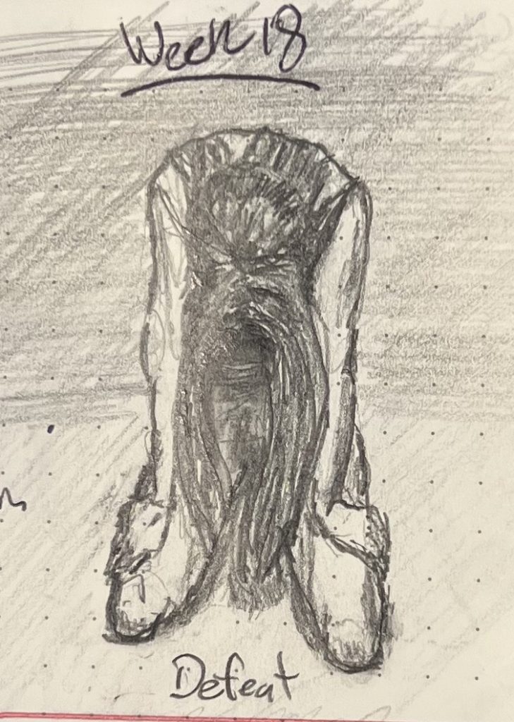 A pencil sketch of a woman sitting on the floor, defeated, head hung low and hair obscuring her face, hands planted on knees.