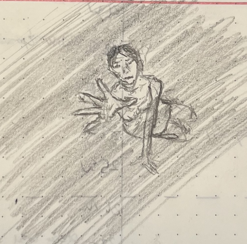 A pencil sketch of a woman on the floor, reaching up toward the viewer as that viewer recedes up and away.