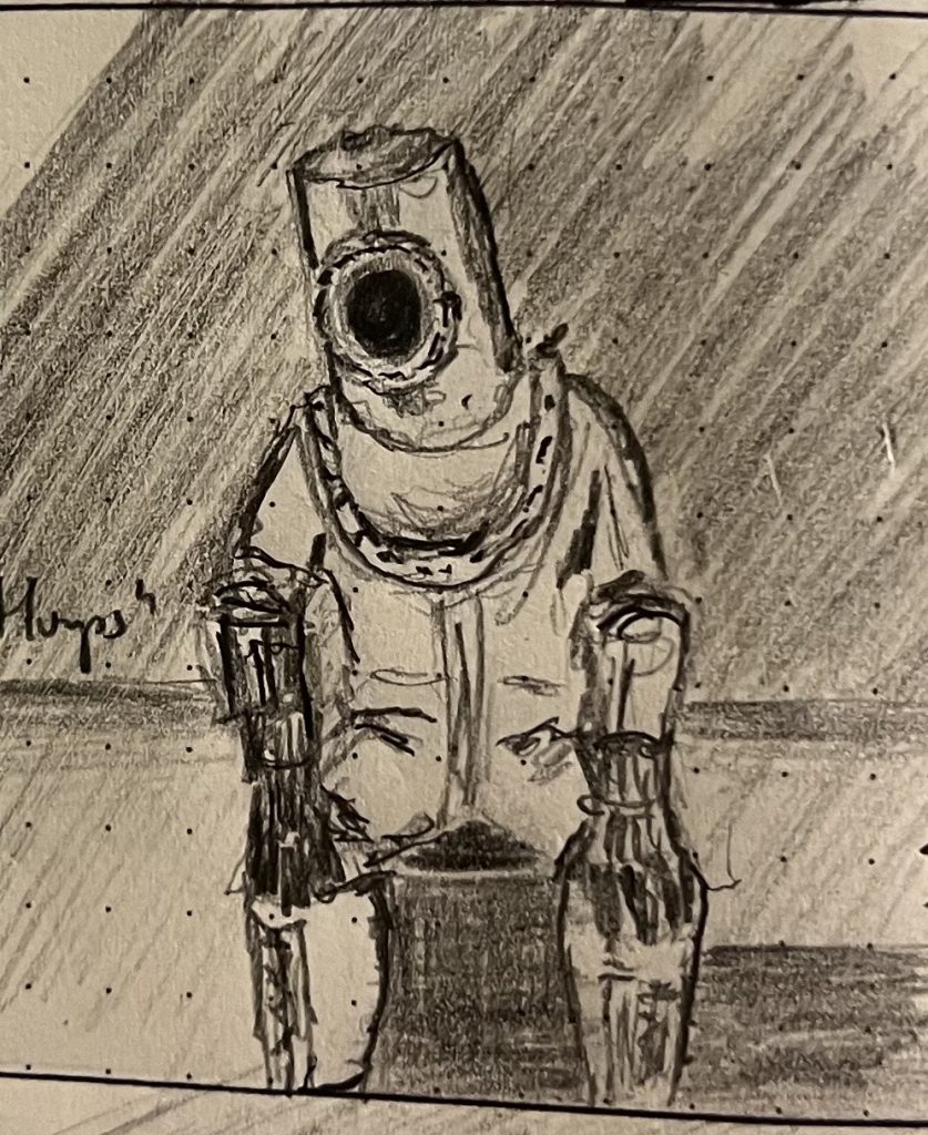 Pencil sketch of a seated man in a full Victorian diving suit