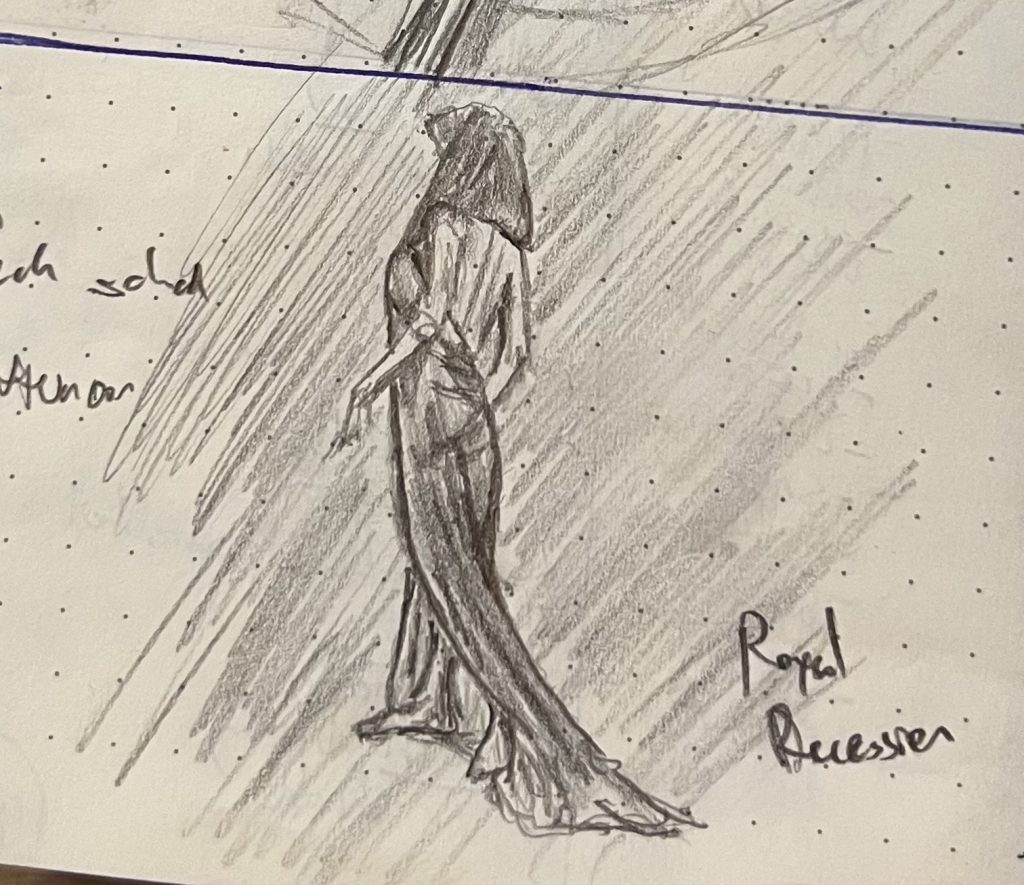 A pencil sketch of a shrouded woman gracefully receeding.