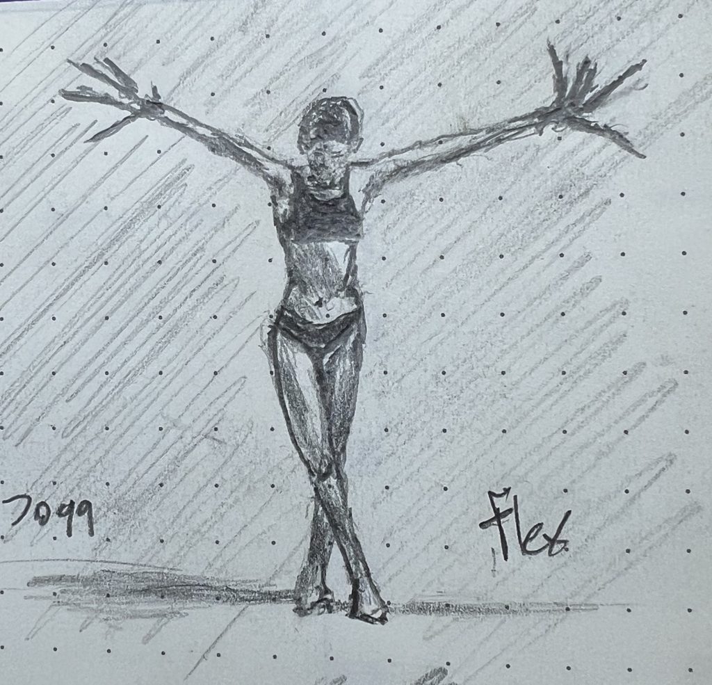 A pencil sketch of a scantily clad woman with long frond-like claw fingers