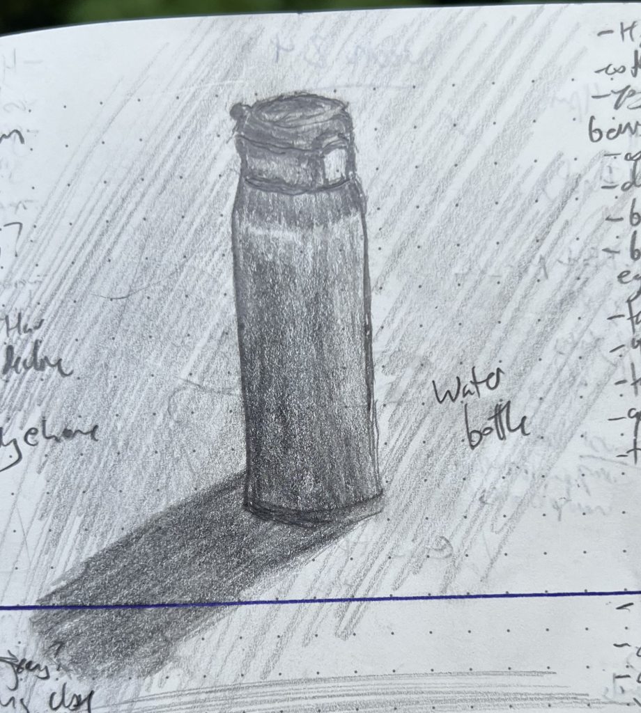A pencil sketch of a steel water bottle, its shadow reaching toward the viewer
