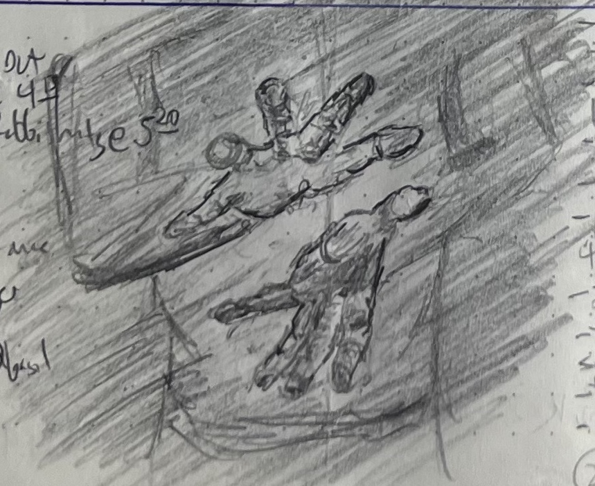 A loose pencil sketch of two hands looming out of the gloom