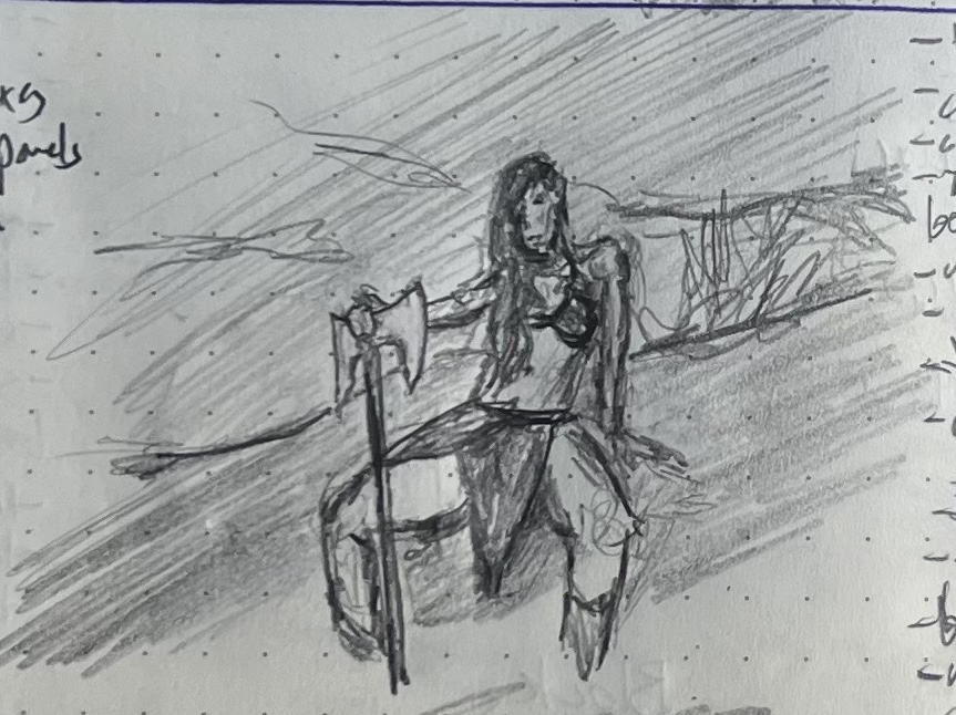 A pencil sketch of a saucy warrior