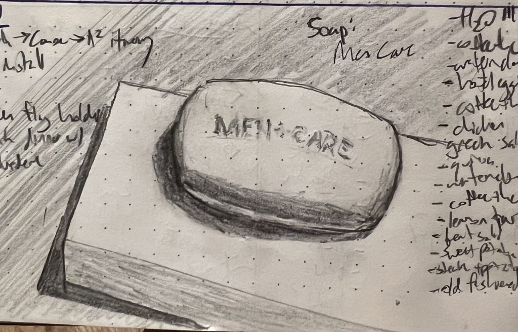 A pencil sketch of a bar of soap inscribed with the text "MEN CARE." The text is starting to wear away with use.