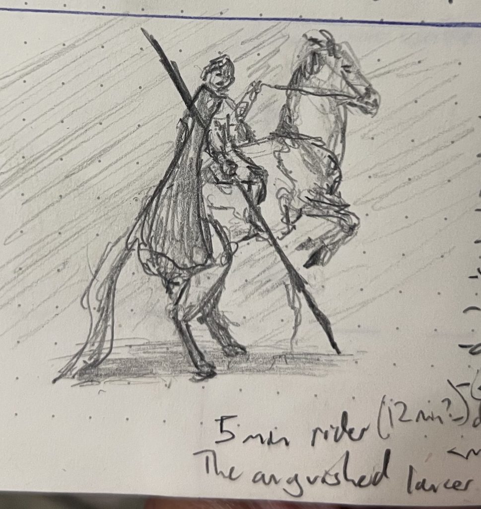 Pencil sketch of a lancer on a rearing steed.