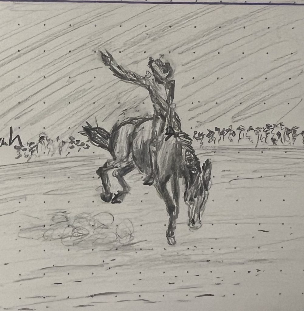 Pencil sketch of a bronco rider