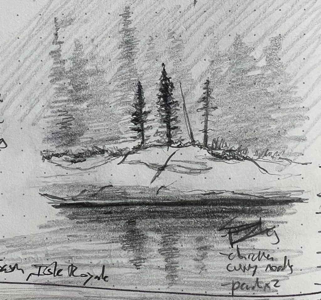 A pencil sketch of pines growing along the stone shores of Moskey Basin in Isle Royale National Park, MI