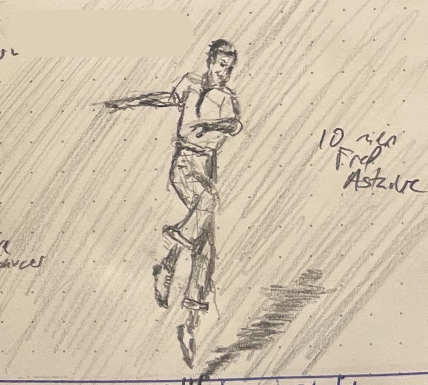 A pencil sketch of Fred Astaire mid-leap