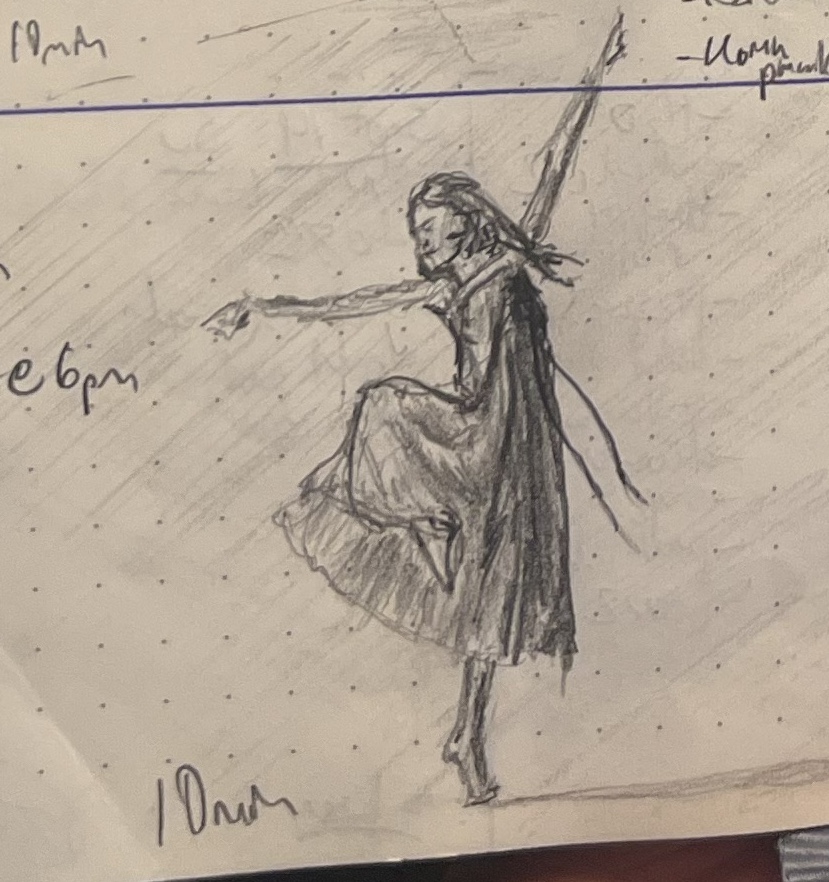 A pencil sketcher of a lyric ballerina, her reach exceeding her grasp