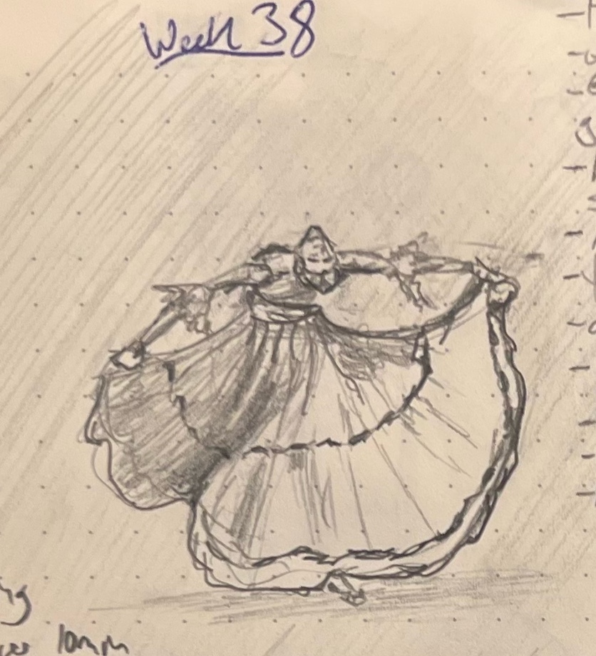 A pencil sketch of a whirling flamenco dancer