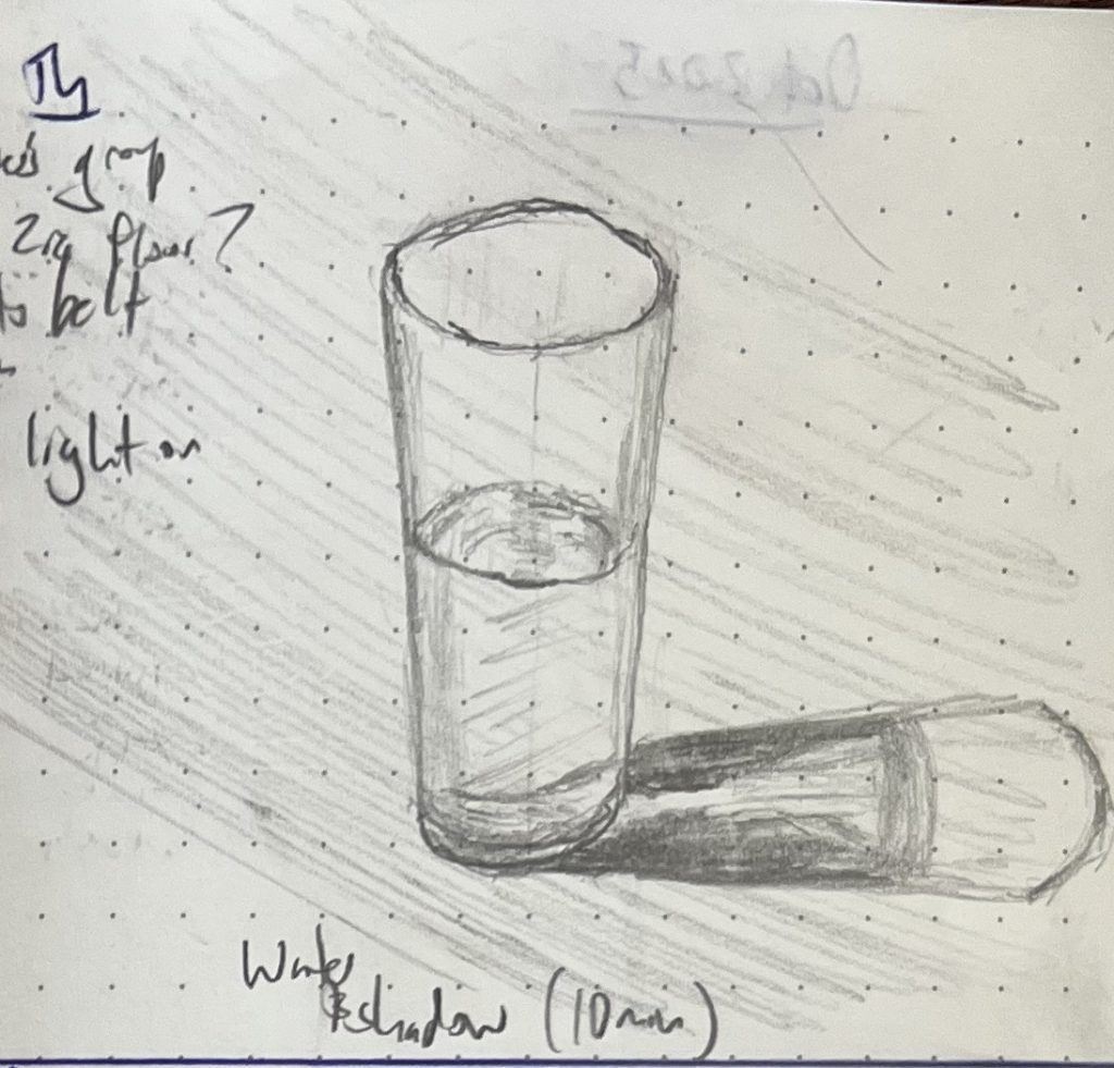 A pencil sketch of a glass of water, half full