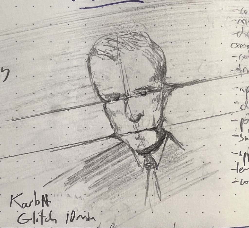 A "glitched" pencil sketch of an older man in a tie.