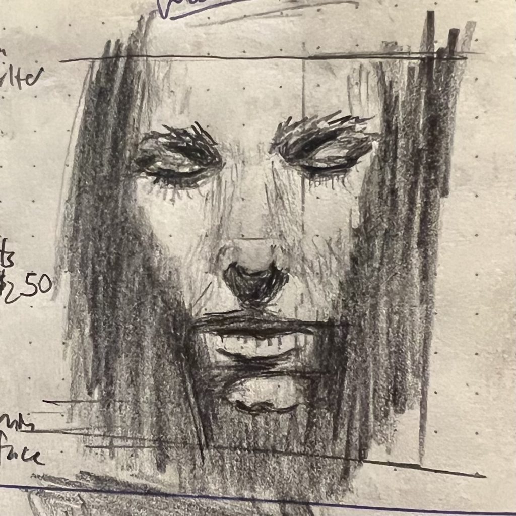 Pencil sketch of a face looming out of shadows, caught in something like quite reflection