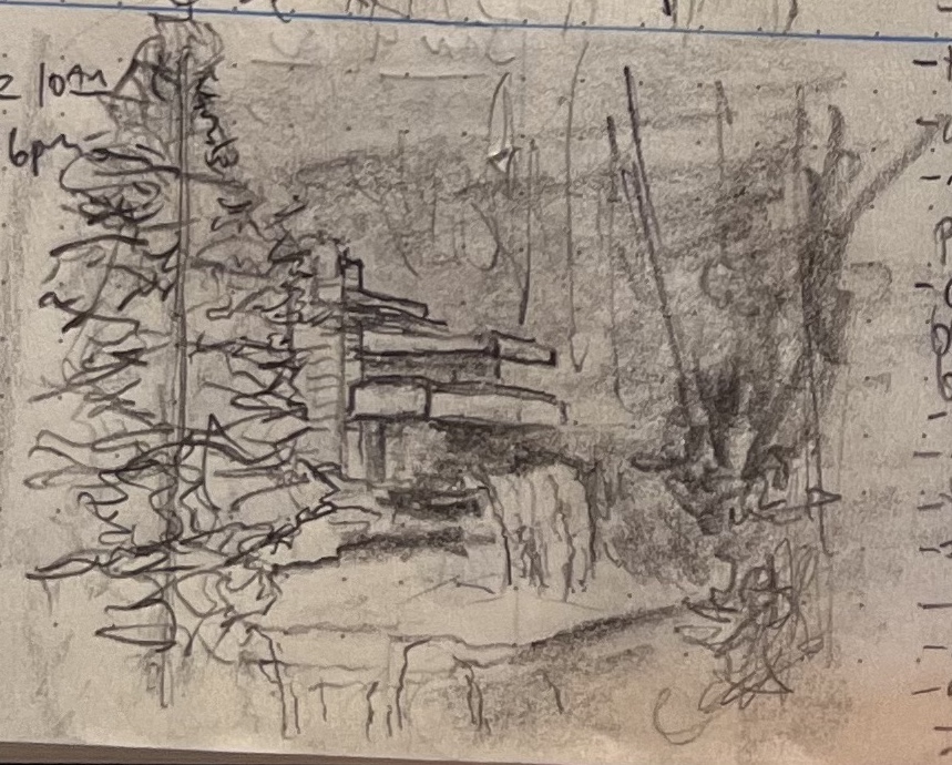 A pencil sketch of Frank Lloyd Write's Fallingwater