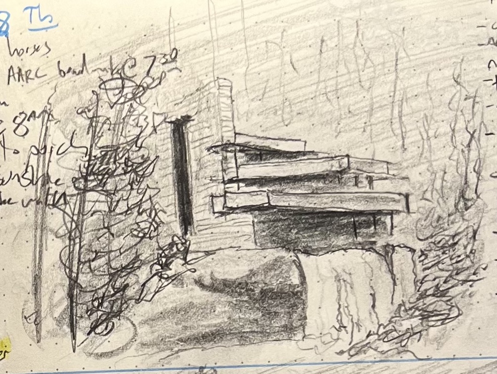 A pencil sketch of Frank Lloyd Write's Fallingwater