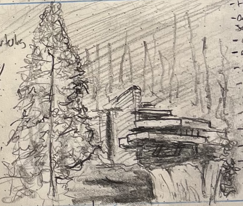 A pencil sketch of Frank Lloyd Write's Fallingwater