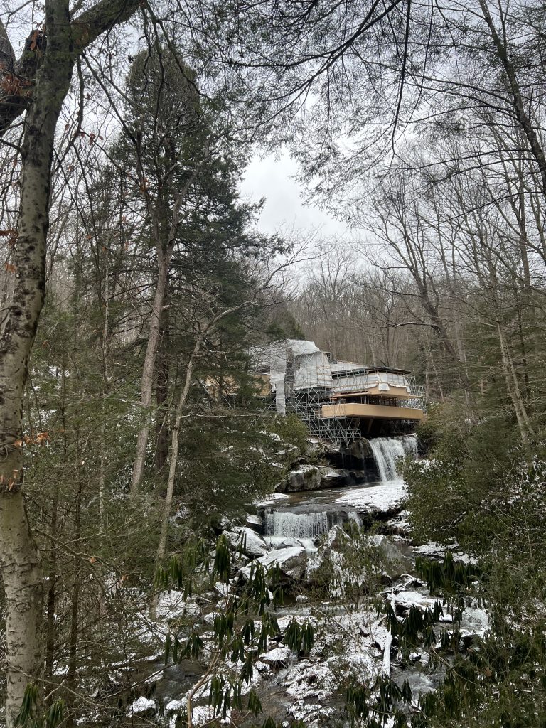 My reference photo of Fallingwater tented for restoration (Dec 2025)