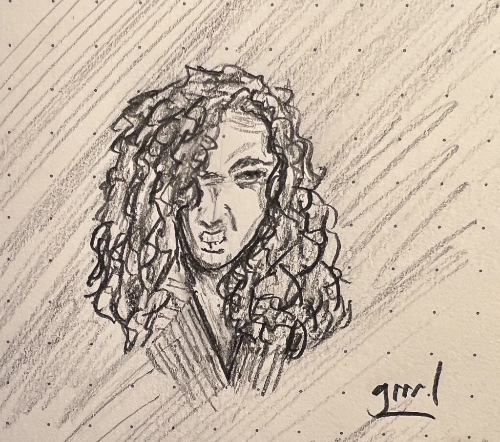 A pencil sketch of a fierce young woman with plenty of curls. Grrrrl with crrrrl!