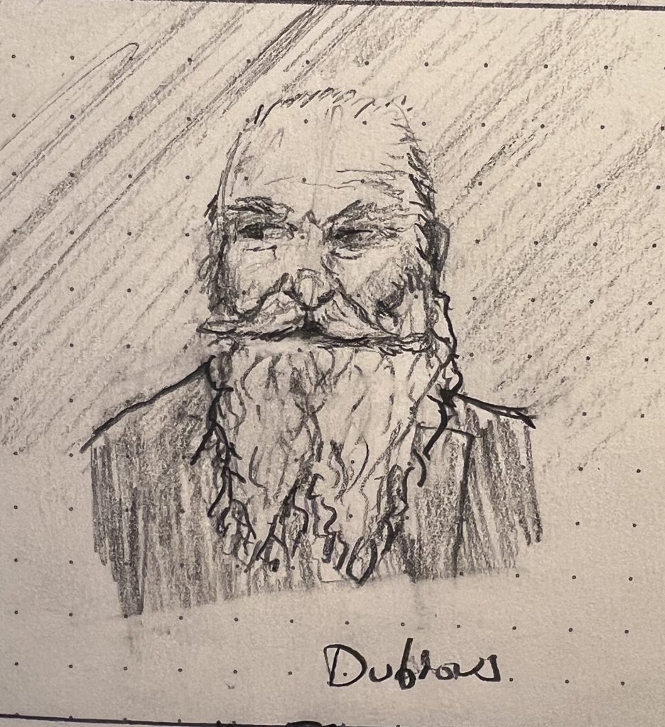 A pencil sketch of a bearded older gent looking like a somewhat dubious Santa