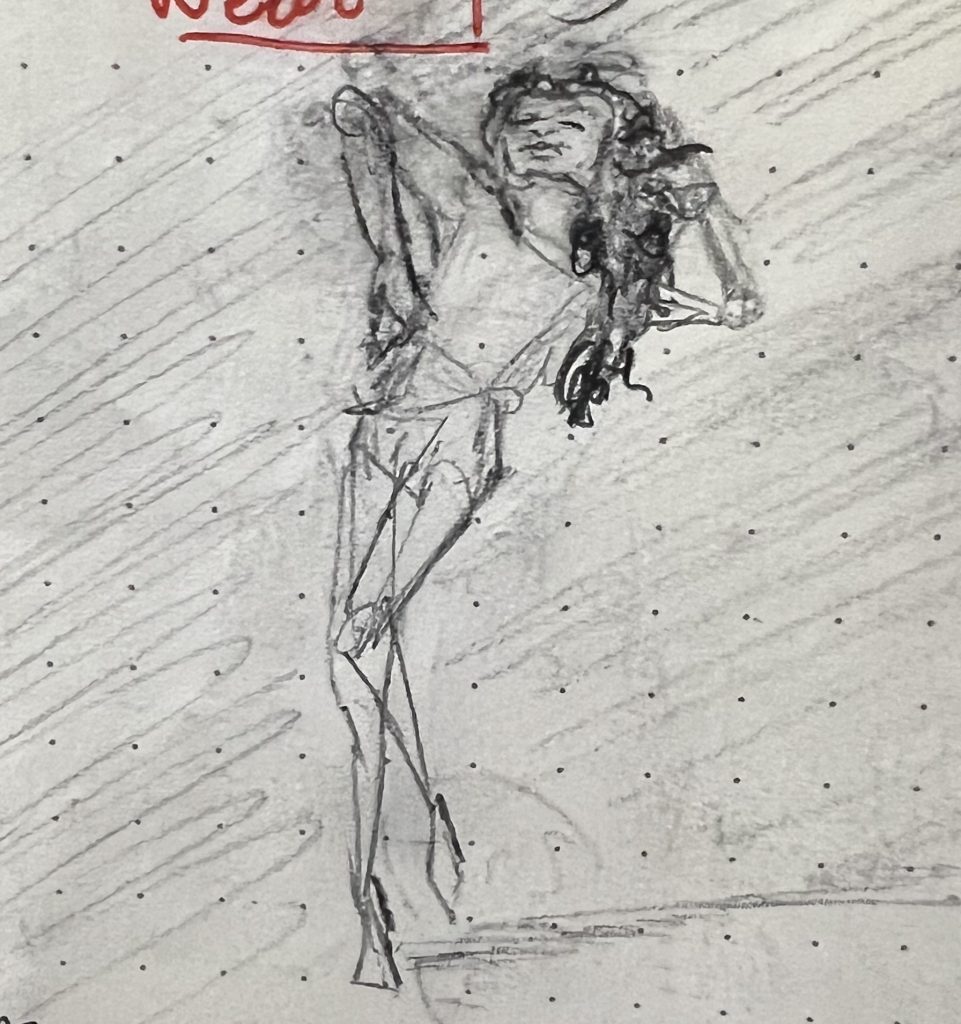 Pencil sketch of another pinup. A nude woman dances. In the sketch her body is rendered in quick geometric forms, with only her hair and face revealing notable human detail.