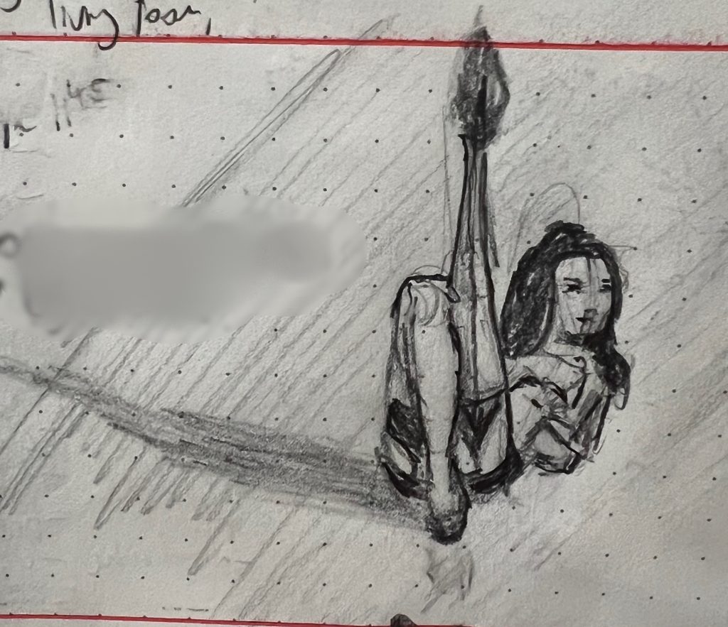 Pencil sketch of a classic pinup. A dark haired woman in stockings and little else reclines on the ground, one leg raised, the other bent demurely, hand draped casually to cover (not hide) her breast.