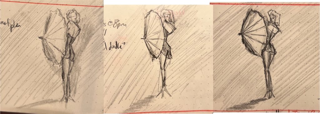 Three fairly geometric pencil sketches of a pinup of Marilyn Monroe in a black bathing suit with an umbrella.