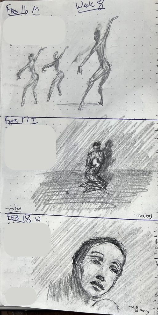 Three pencil sketches of women. Top is loose gesture drawing of a dancer in profile, one hand held high and aloft, the other lower forming a strong diagonal line. Her forward foot is delicate pointed to touch the ground.

The second is a quick gesture drawing of a woman crouched on the ground in the shadows holding a glowing orb.

The final sketch is a quick portrait of a woman gazing up and away from the viewer.